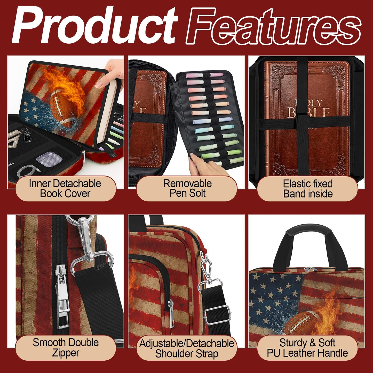 IBOVODI American Flag Football Bible Cover Case for Men Boys, Rugby Large Kids Bible Bag Book Carrying Case with Handle Zipper Pocket, Bible Study Supplies Journaling Kit Highlighters Pens Cross Clips