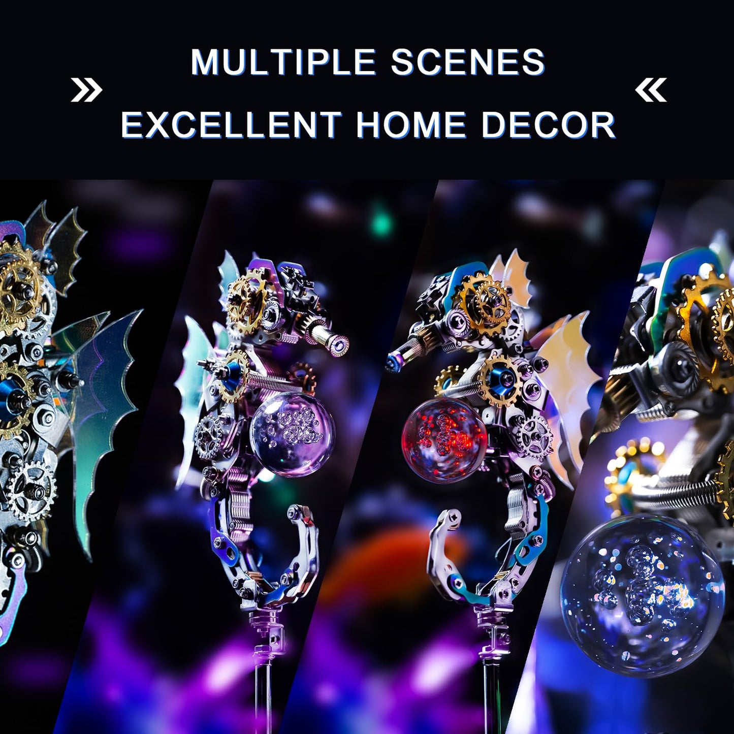 Mostarle Seahorse 3D Metal Puzzle Kit with LED Light & Magnetic Base, Sci Fi Monster, DIY Mechanical Model for Adults & Teens, Electroplated Finish Ocean Décor, Unique Gift for Collectors