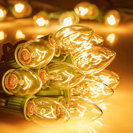 Minetom C7 String Lights - Outdoor Vintage Christmas Lights, 100FT, 100 Bulbs, Green Wire, UL Listed, Model GYC-O1005BU