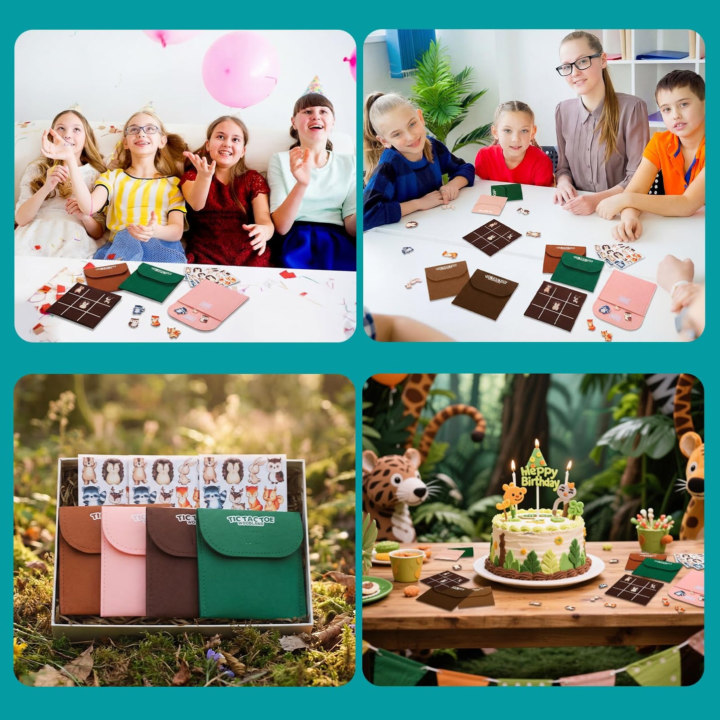 JolliLudo 24 Set Tic Tac Toe Game Pack Woodland Animals Jungle Party Favors Felt Safari Goodie Bags Stuffers Baby Educational Toys Board Game with Envelopes for End of Year Students Classroom Prizes