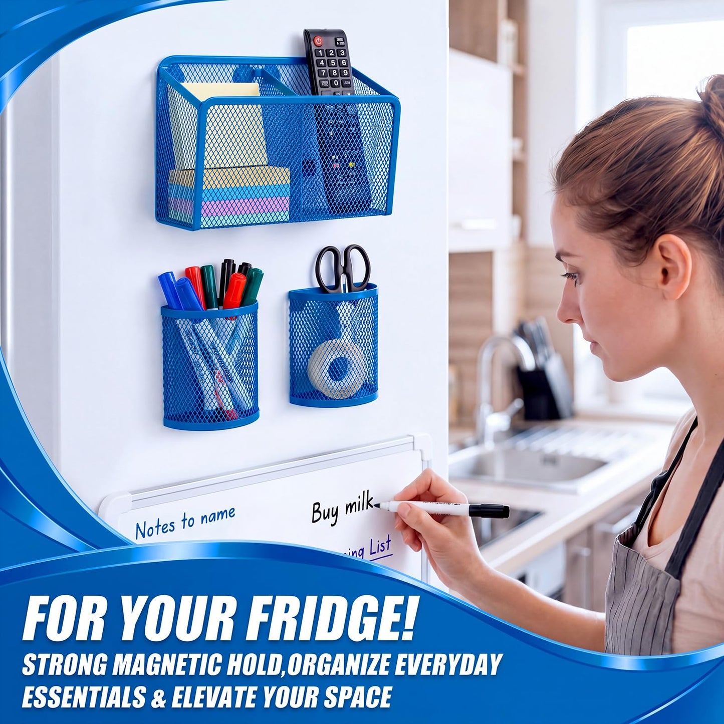 Marspark 3 Pcs Magnetic Pen Holder Set Metal Pencil Holder with Strong Magnets Wire Mesh Storage Basket Organizer for Locker Accessories Whiteboard Refrigerator School Office Dorm(Blue)