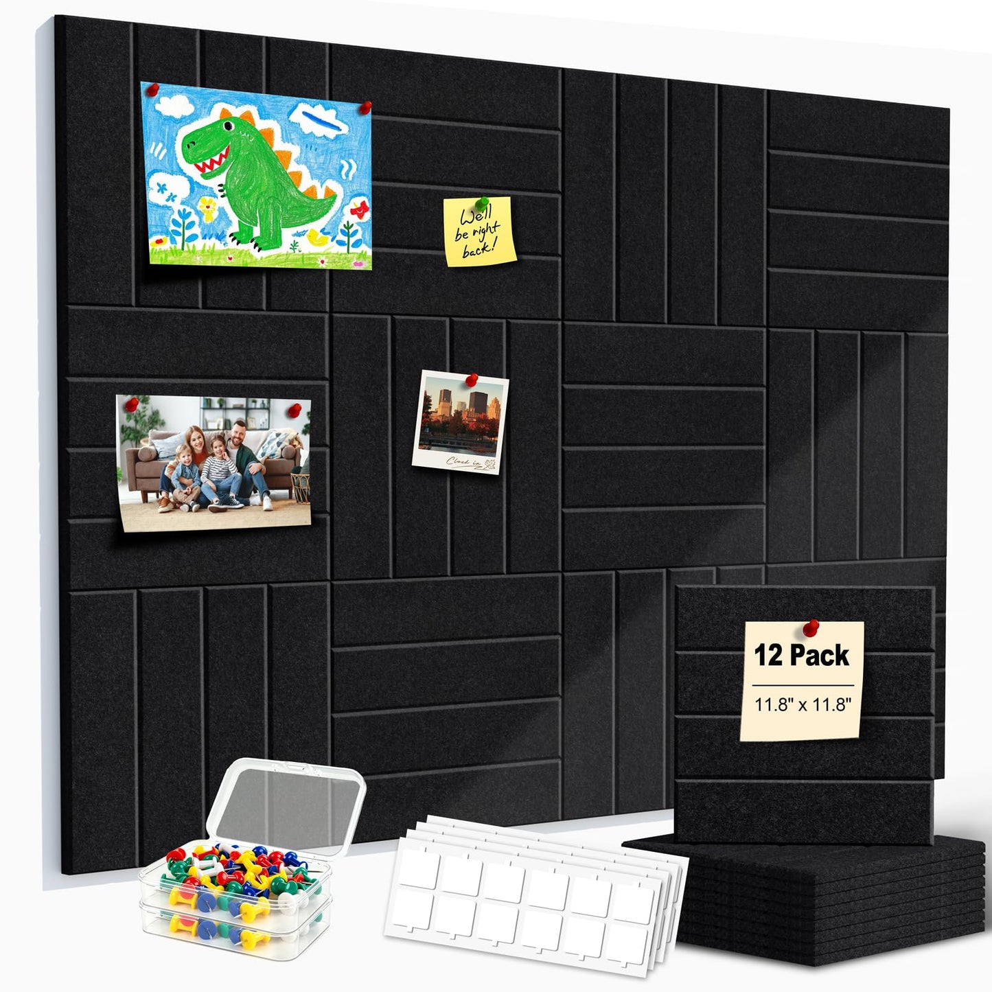 Sesiyoiu 12-Pack Felt Bulletin Board, 47.2" x 35.4" Large Cork Board Alternative for Walls Decor, with 60 Pushpins, 70 Damage-Free, Thick Pin Board for Office, Home, Classroom - Black