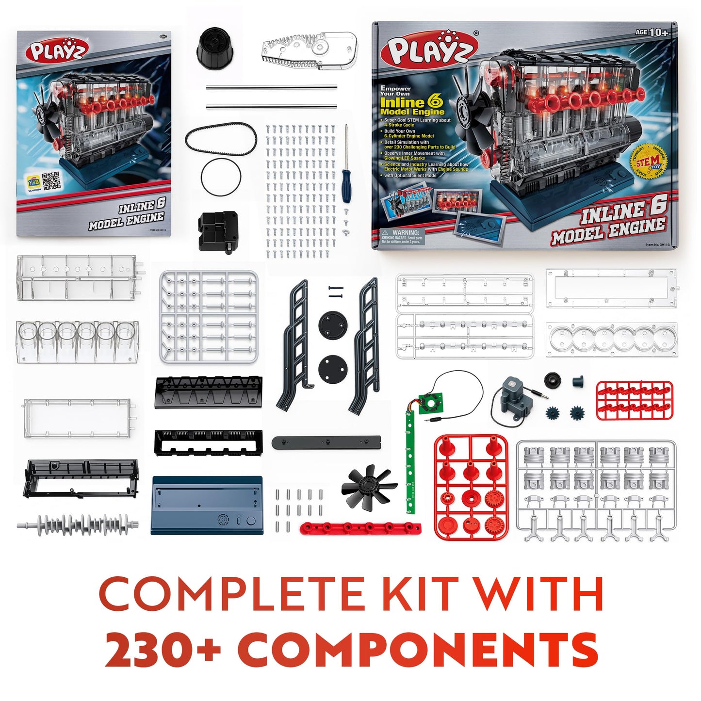 Playz Inline 6 Engine Model Kit - Build Your Own STEM Inline 6 Small Engine that Runs Kit for Adults & Kids Age 10-12+, Visible Inline 6 Mini Engine Kit that Works for Adult w/ 230 STEM Parts