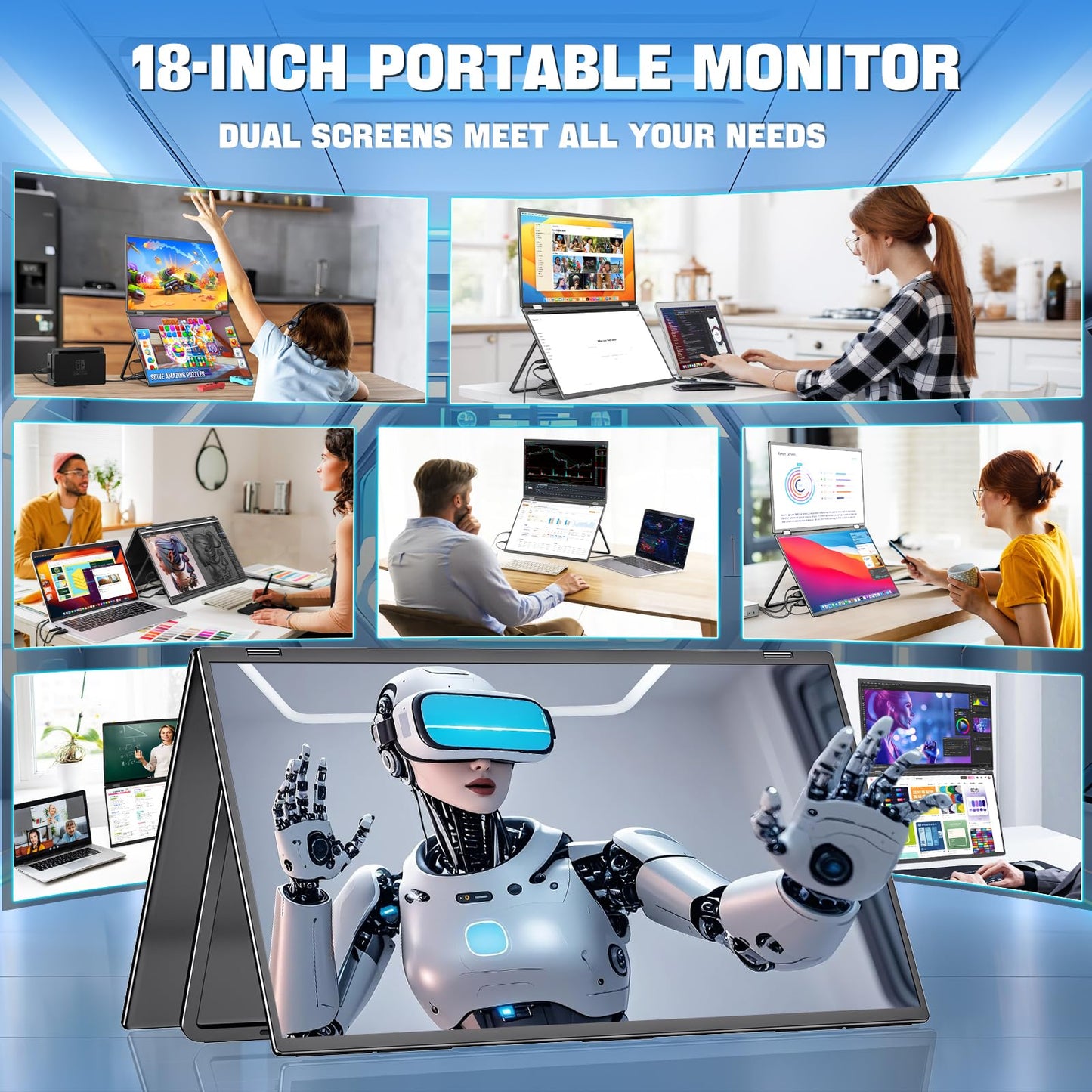 InnoView Dual Portable Monitor 18" 2560x1600P 100Hz 2K 100% DCI-P3 - Foldable & Stackable Design with 315° Screen Adjustment & 180° Stand | DP/USB-C/HDMI, Second Monitor for Laptop, Mac, Windows