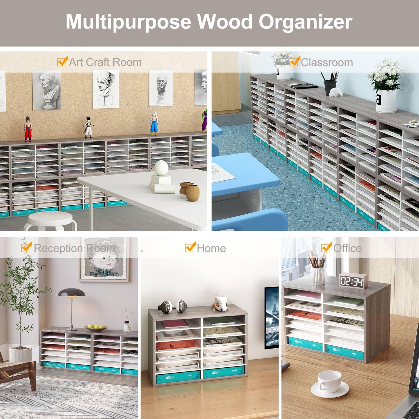 EasyPAG 12 Compartments Wooden Literature Organizer with Adjustable Shelves, 6000 Sheets Capacity Paper Organizer, Classroom Mailbox and Mail Sorter for Teachers and Office, Retro Gray/White