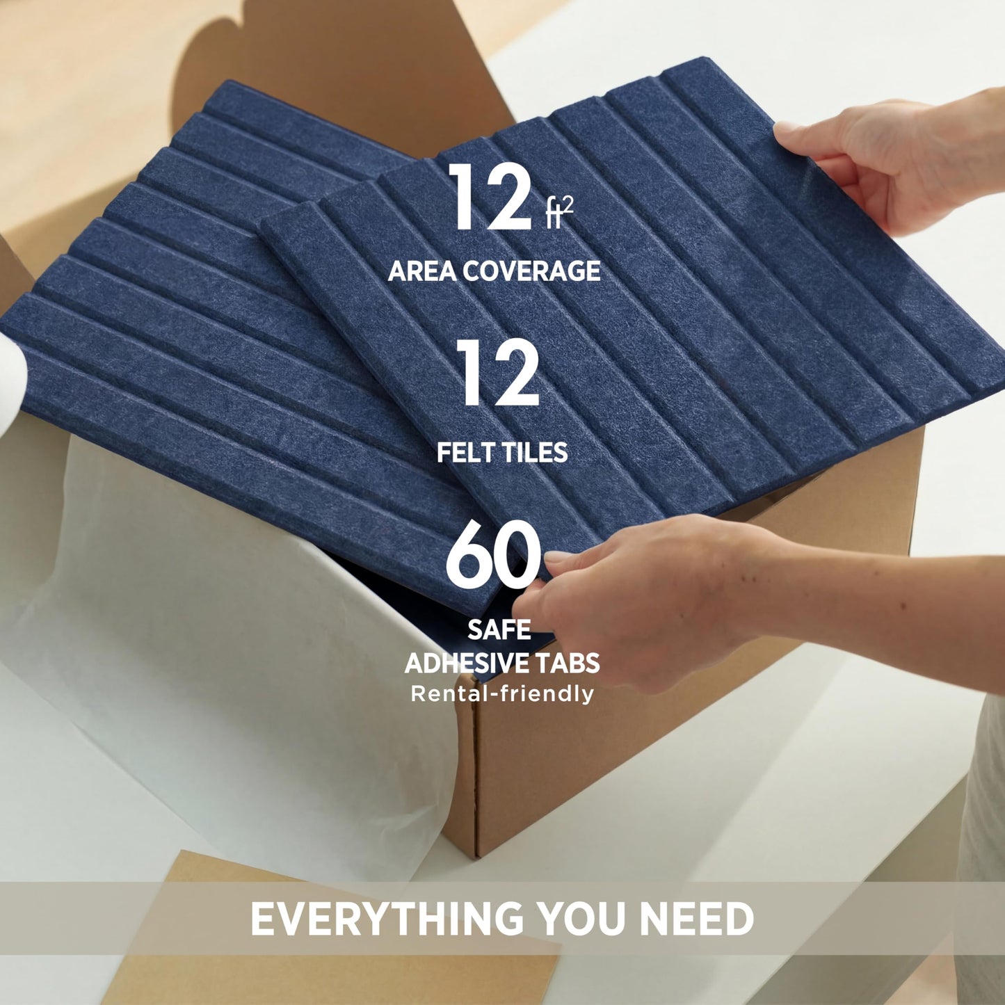 VIVELDA Felt Bulletin Board Tiles 48"x36" - 12-Pack Cork Board Alternative, OEKO-TEX Certified, NRC 0.95 Acoustic Felt Wall Panels, Damage-Free Adhesive, Slatted Design Home Office, Classroom (Indigo)