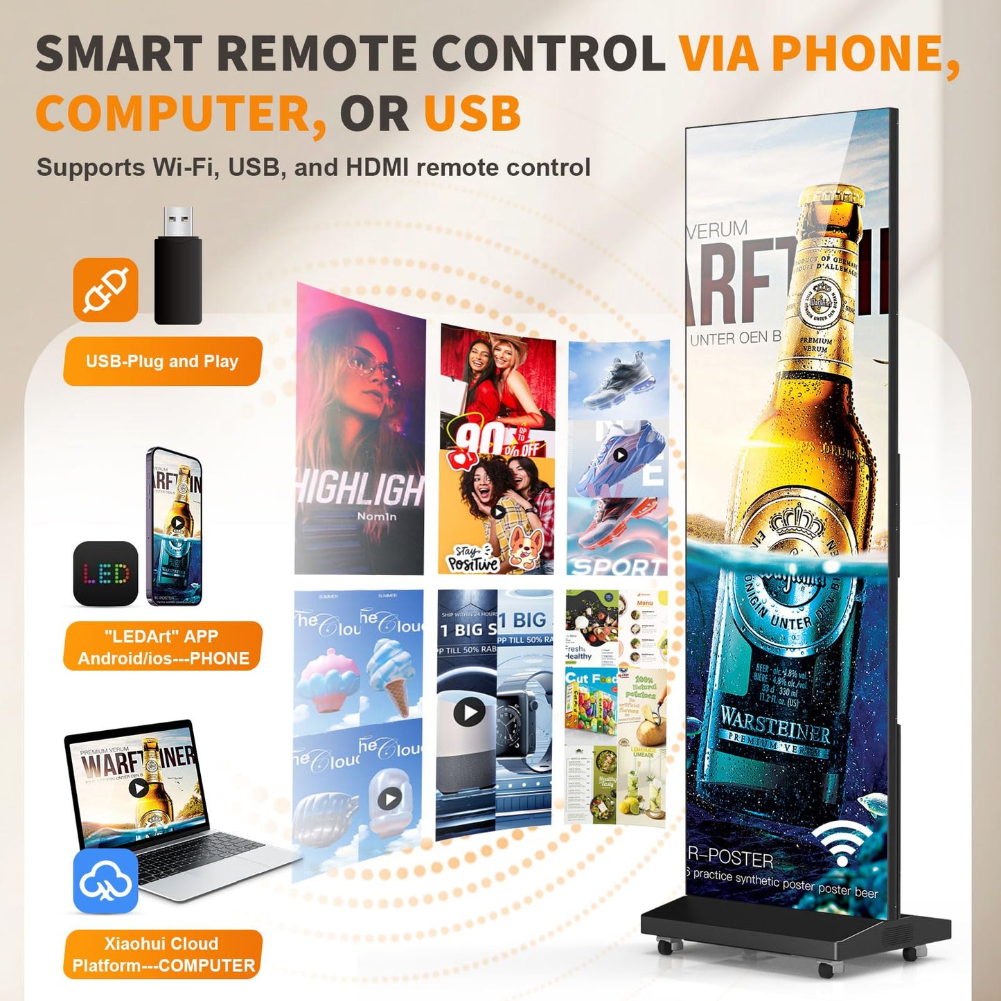 80" LED Digital Signage Display with Flight Case, P1.86 Foldable Spliceable LED Poster Screen Kiosk with Content Management System, WiFi/USB/HDMI for Events, Rentals & Commercial Use (Black, 2 Panel)