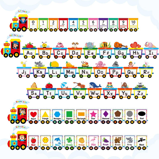 Train Alphabet Number for Classroom Wall Train Shaped Bulletin Board Manuscript Educational Cards ABC Letters Numbers Shapes Colors Poster for Preschool Elementary Early Learning Decor