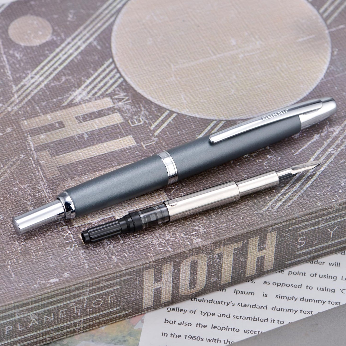 Jinhao 10 Press Fountain Pen with Box, Metal Gray Retractable Extra Fine Nib with Ink Converter Set (Silver Clip)