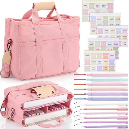 Fullhawl Bible Tote Bag Kit Scripture Study Supplies Study Bag Pen Label Index Sticker for Christian Mothers Day Gift(Pink)