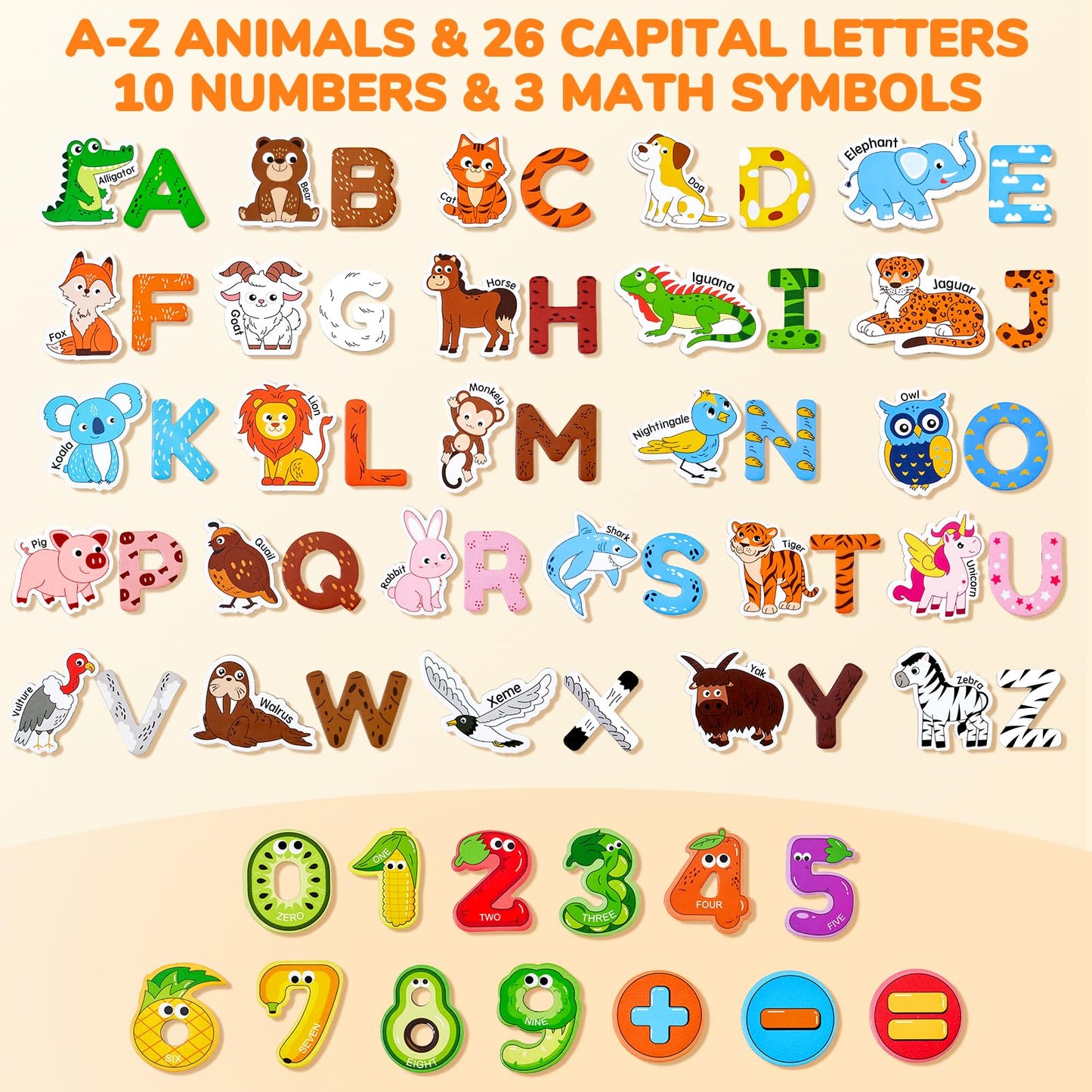 JoyCat Wooden Kids Magnets – 26 Cute Animals, Alphabet Uppercase Letters, and 0-9 Numbers, Fridge Magnets for Toddlers, Fun Educational Spelling Learning Gift for Toddlers & Kids