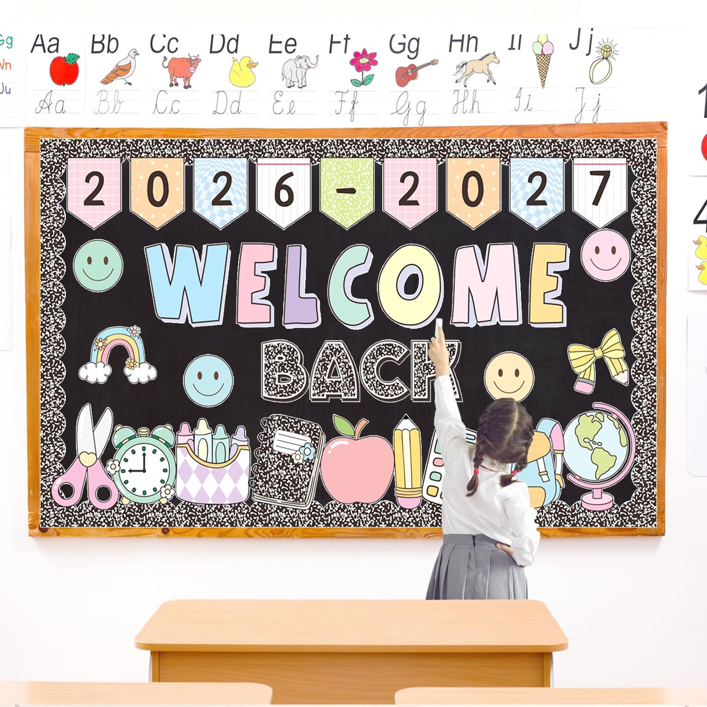 2026-2027 Welcome Back Bulletin Board Decorations Set with Borders Composition Notebook Smile Cutouts Decor for Teachers Back to School Bulletin Board for Class School Classroom Chalkboard Wall Decor