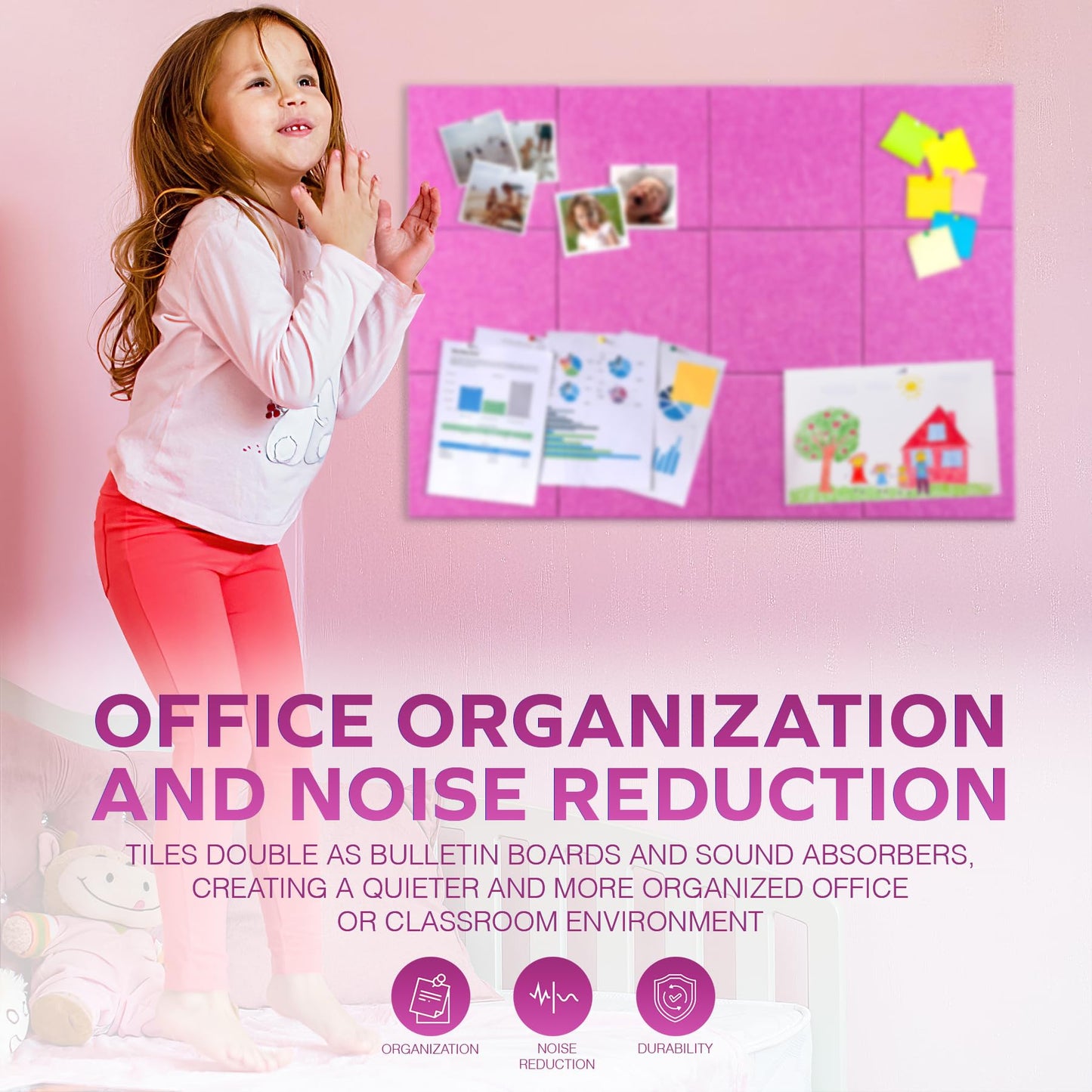 Bulletin Board 40x30in, 12 Count 9.8 x 9.8in Felt Wall Tiles with Removable Adhesive Tape, Cork Board Alternative for Walls, Wall Decor, Kids Art Display, Kids Room (Magenta Collection)