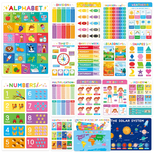18 PCS Educational Posters for Toddlers Preschool Learning, Laminated Dry Erase ABC Numbers Shapes Colors Emotions Weather Calendar Posters, 16.5 x 11 in Classroom Wall Decor for Kids Homeschool Playroom