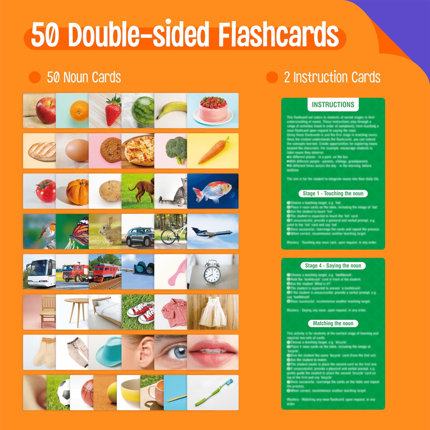 50 Noun Flashcards, Picture & Word Photo Cards Language Builder Visual Aid Language Learning Tool for Autism, ESL Teaching Materials for Adults, Non-Verbal Children Vocabulary Builder for Kids