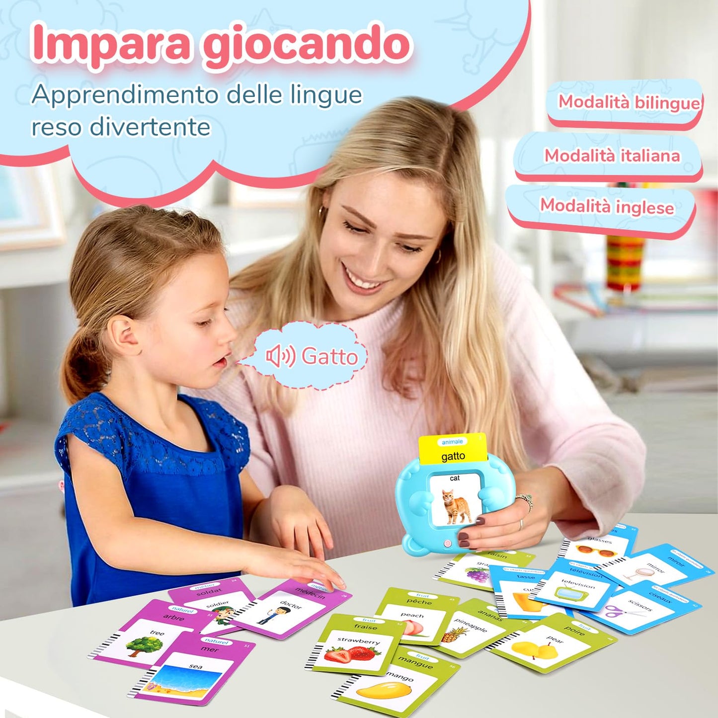 Italian & English Talking Flash Cards for Toddlers, Bilingual Flash Cards for Toddlers with 224 Sight Words, Montessori Learning Toys, Speech Therapy & Sensory Preschool Education Gifts for Kids