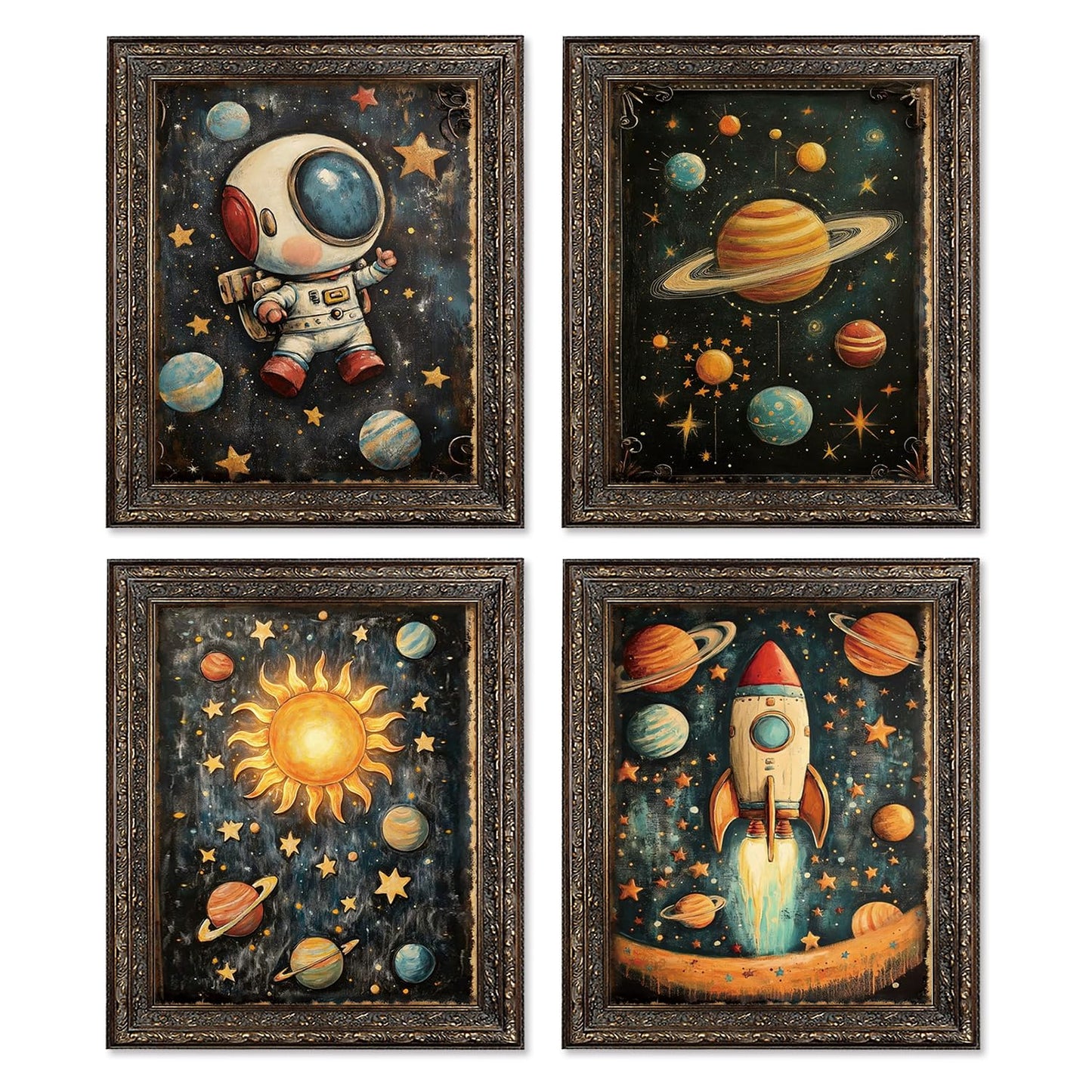 Locomiss Space Nursery Wall Art Decor, Space Solar System Planets Rocket Astronaut Galaxy Prints Posters for Kids Boy Nursery Room Bedroom Playroom Wall Decor, Set of 4, 8x10 Unframed