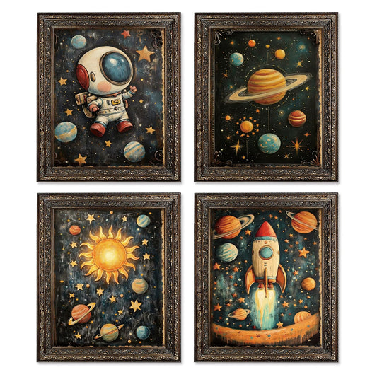 Locomiss Space Nursery Wall Art Decor, Space Solar System Planets Rocket Astronaut Galaxy Prints Posters for Kids Boy Nursery Room Bedroom Playroom Wall Decor, Set of 4, 8x10 Unframed