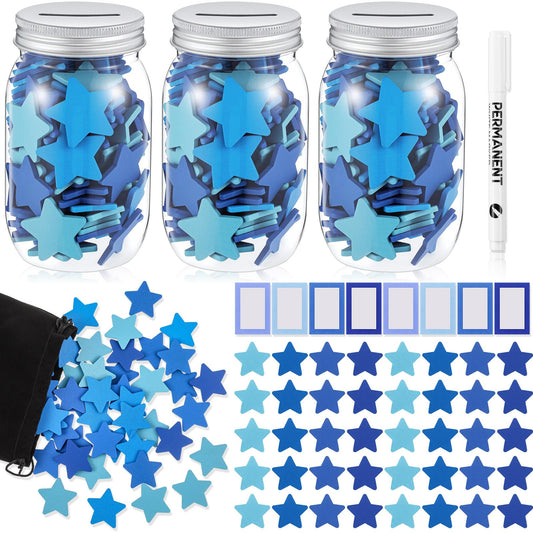 Roowest Star Reward Jar for Kid 3 Pcs Coin Jars for Behavior Tokens 200 Stars 8 Name Tags Classroom Reward System for Kids Back to School Incentive Good Behavior Training (Blue,Classic Style)