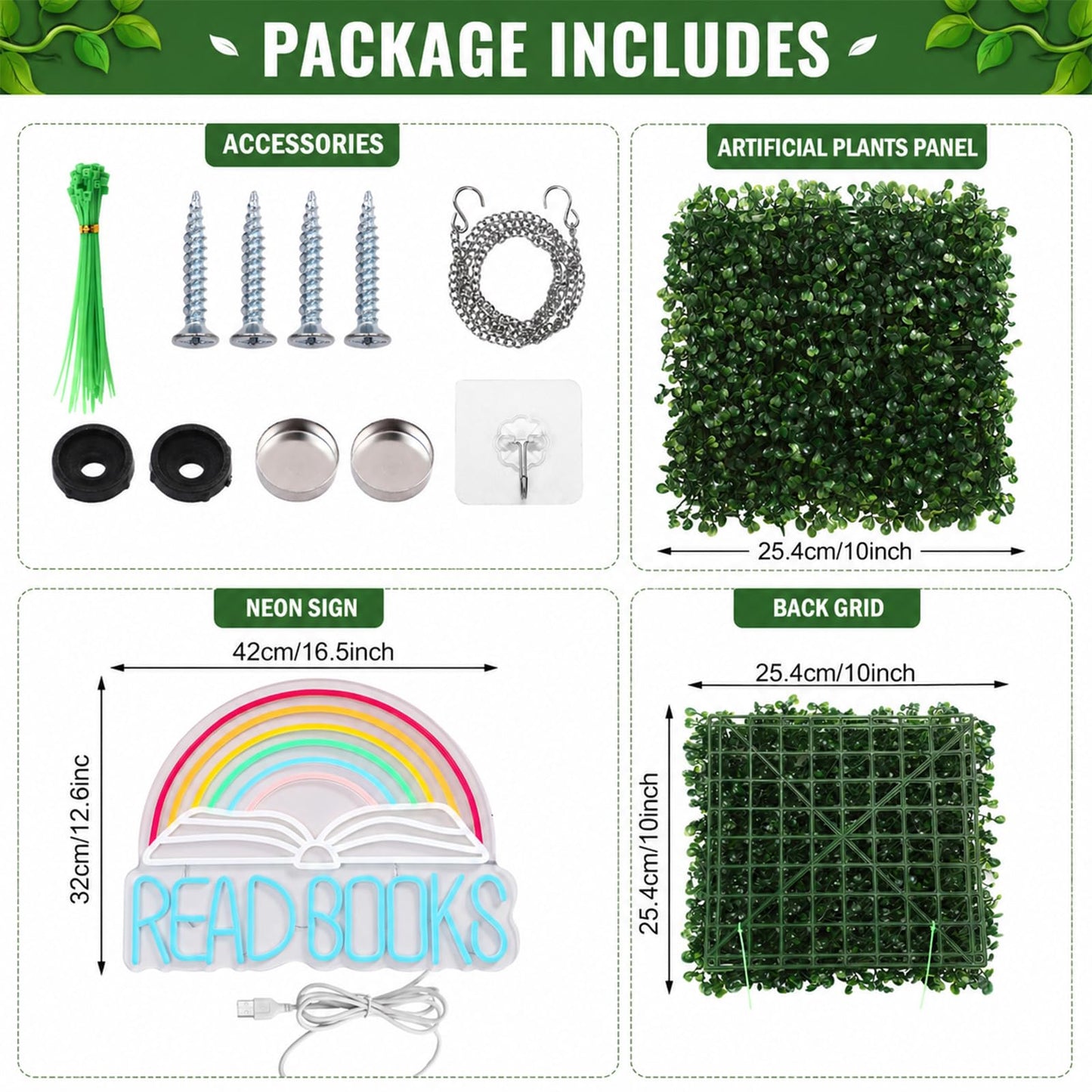Fumete 13 Pcs Classroom Reading Corner Calming Corner Decor 10 x 10" Artificial Grass Wall Panels with Read Books Neon Sign Classroom Greenery Wall Decoration for Home School Party Supplies