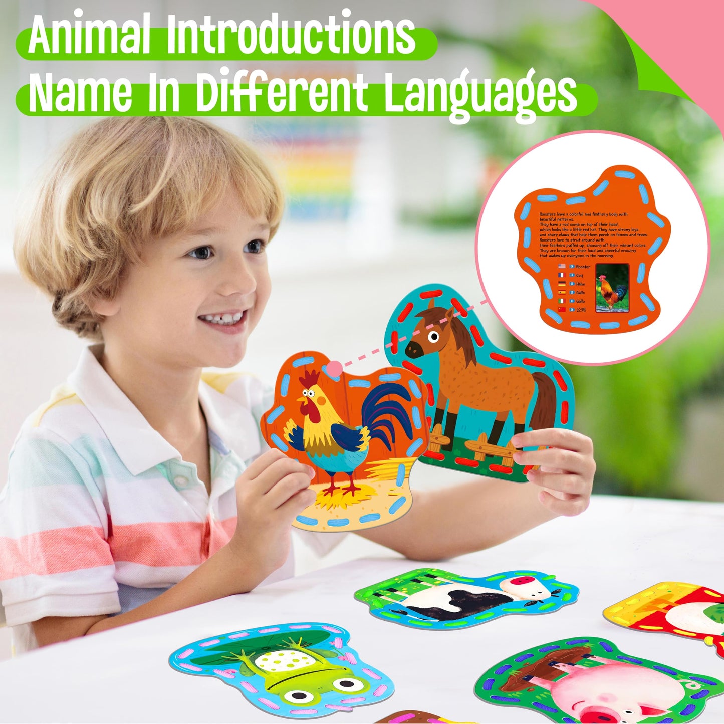 SpriteGru 9 PCS Kids Lacing Cards, 9 Double Sided Farm Animals Sewing Cards with 9 Colorful Laces, Educational & Learning Toys for Preschoolers, Kids Ages 3+