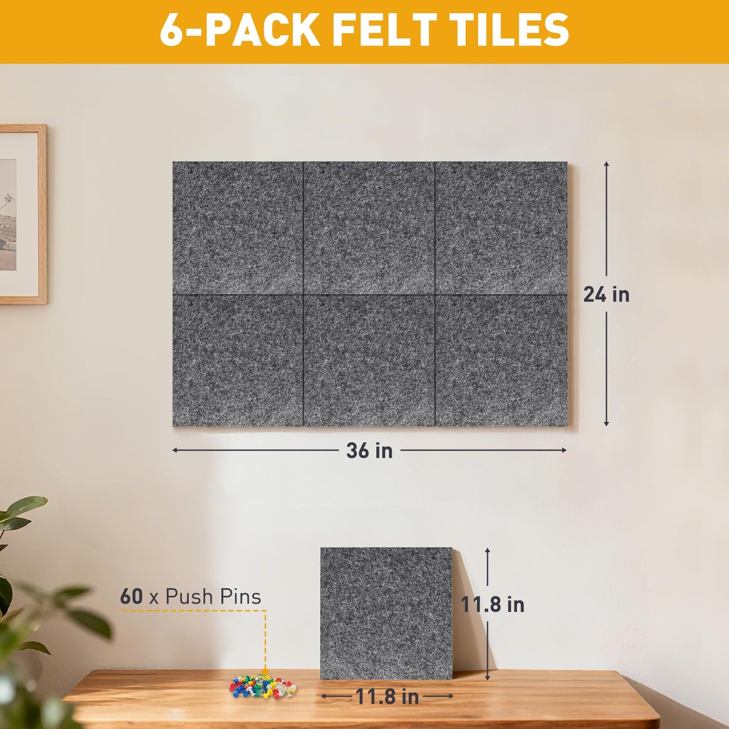 QUEENLINK Large Cork Board 36"x24", 6-Pack Self-Adhesive Felt Bulletin Board Tiles with 60 Push Pins, Square Felt Wall Panels Pin Board Tack Board Wall Organizer for Home Office Decor, Grey