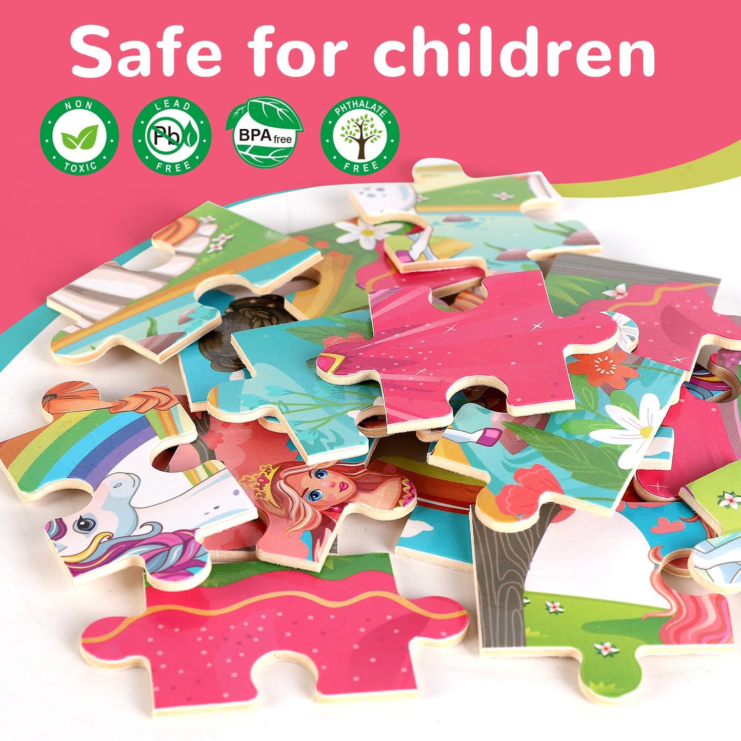 Wooden Educational Jigsaw Puzzles for Preschool Kids Ages 3-5, 4-Pack with 20 Pieces Unicorn Princess Wood Puzzles Set, Toddler Brain Teaser Toys, Preschool Gifts for Boys Girls Ages 3 4 5 6