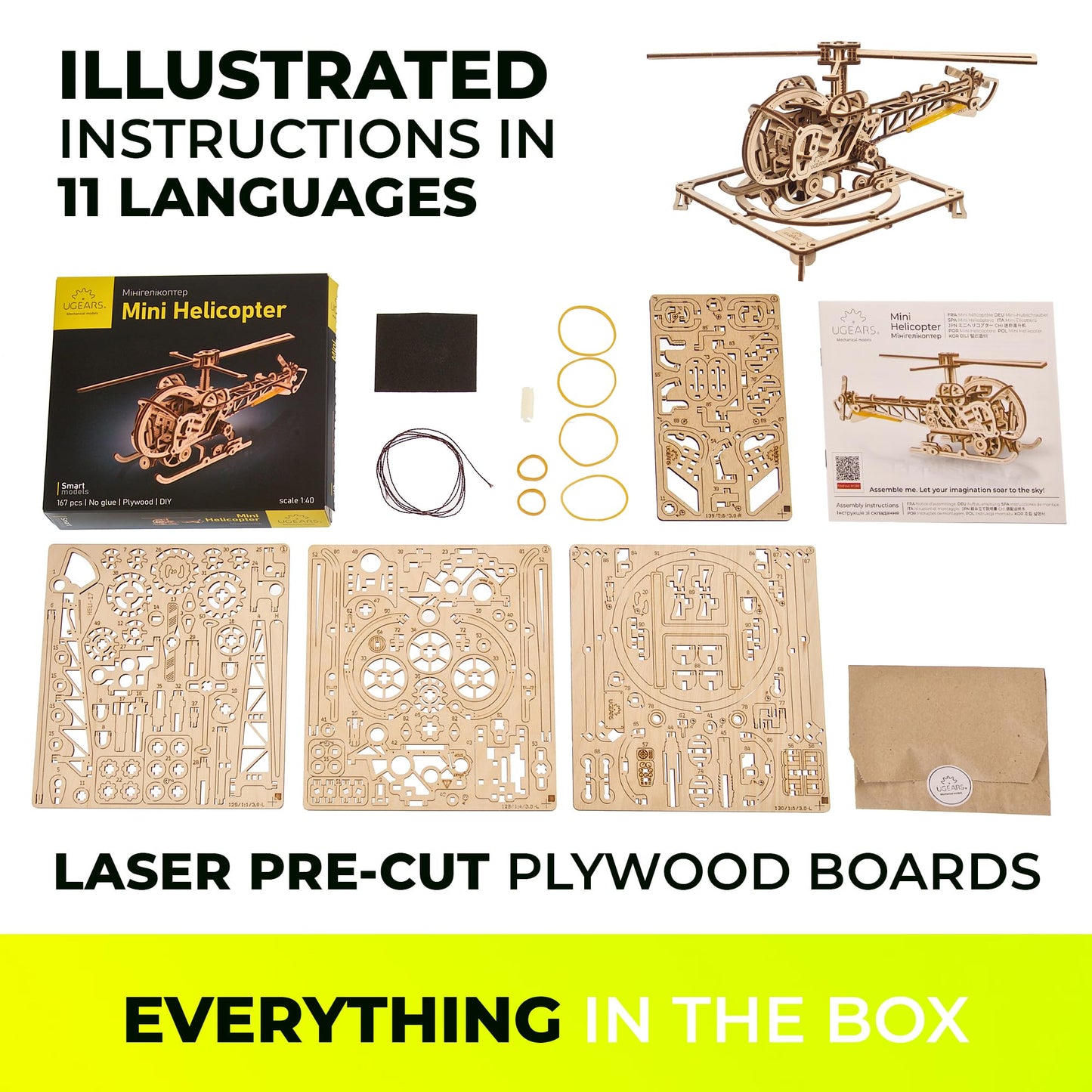 UGEARS Wooden 3D Puzzles for Adults - Easy Mini Helicopter Model Kit – Experience Aerial Innovation with Mechanical Puzzles DIY Kits for Adults - Ideal for Hobbyists, Aviation Enthusiasts - 167 Pcs