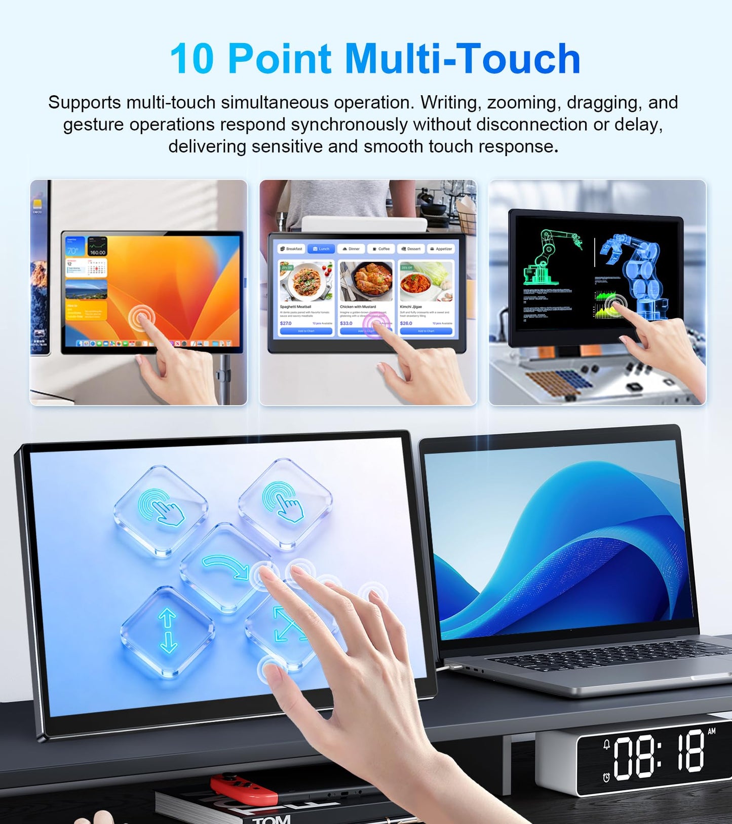 JUNEBOX 14" Touchscreen Monitor - Equipped with VGA DVI and HDMI VESA Dual-Speaker,1080P IPS 10-Point Industrial Touchscreen Monitor for PC Laptop RPi POS Kiosk Home,Industrial Equipment (Black)