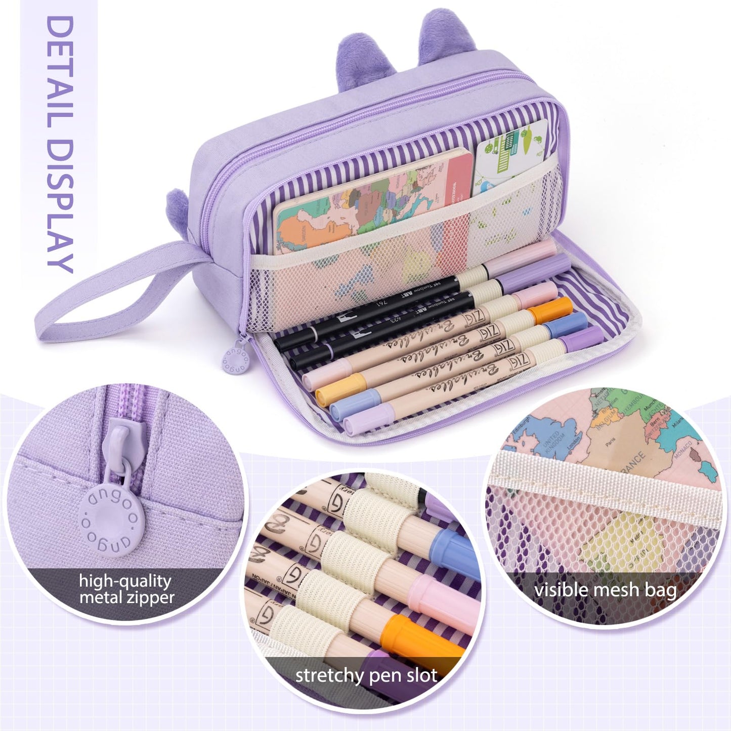 CICIMELON Cartoon Pencil Case, Large Capacity Pen Pouch with Embroidered Animal Design, School Supplies Bag for Kids, Teens, Students (Purple Koala)
