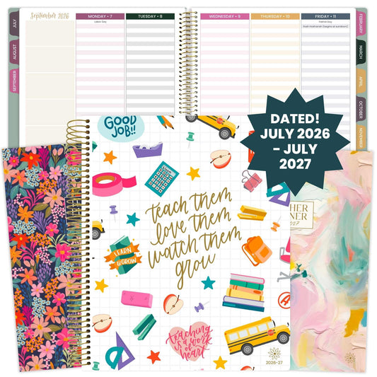 bloom daily planners 2026-2027 Academic Year Teacher Planner & Calendar - 7 Period Lesson Plan Organizer Book for Classroom or Homeschool - 9" x 11" (Interchangeable Cover) - Bold & Bright