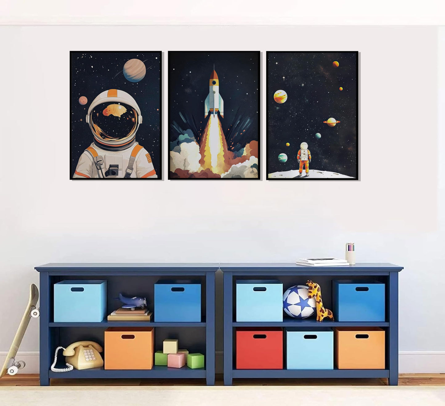 3Pcs Space Astronaut Wall art Cute Astronaut Canvas Nursery Galaxy Posters Modern Space Themed Print Rocket Pictures Toddler Boy Room Wall Decor for Adventure Kids Bedroom Nursery Room Unframed