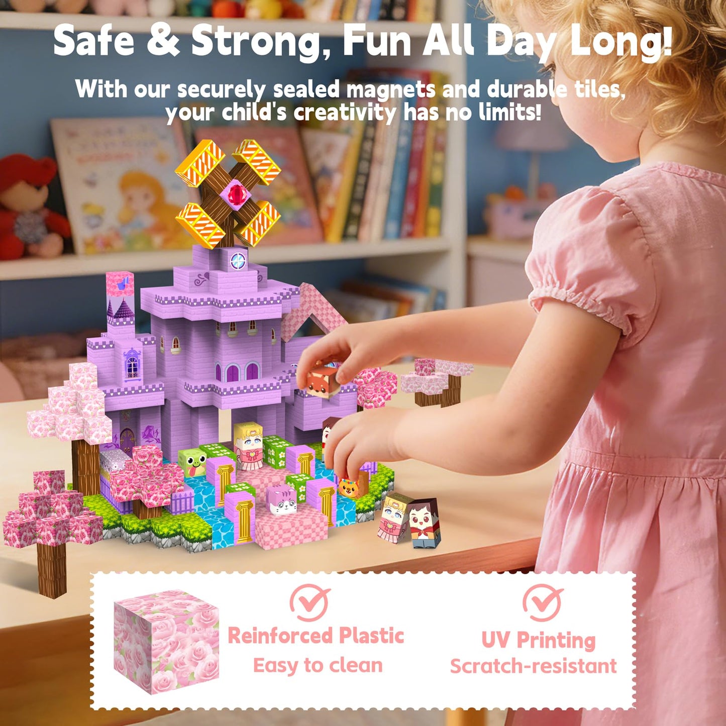 Gryxpox 200 PCS 0.8in Magnetic Blocks, Magnetic Building Cubes, Build Pink Castle World Set,Stacking Magnets, STEM Sensory Toys for Ages 3+ Toddlers Kids Girl Boys Easter Birthday Gifts