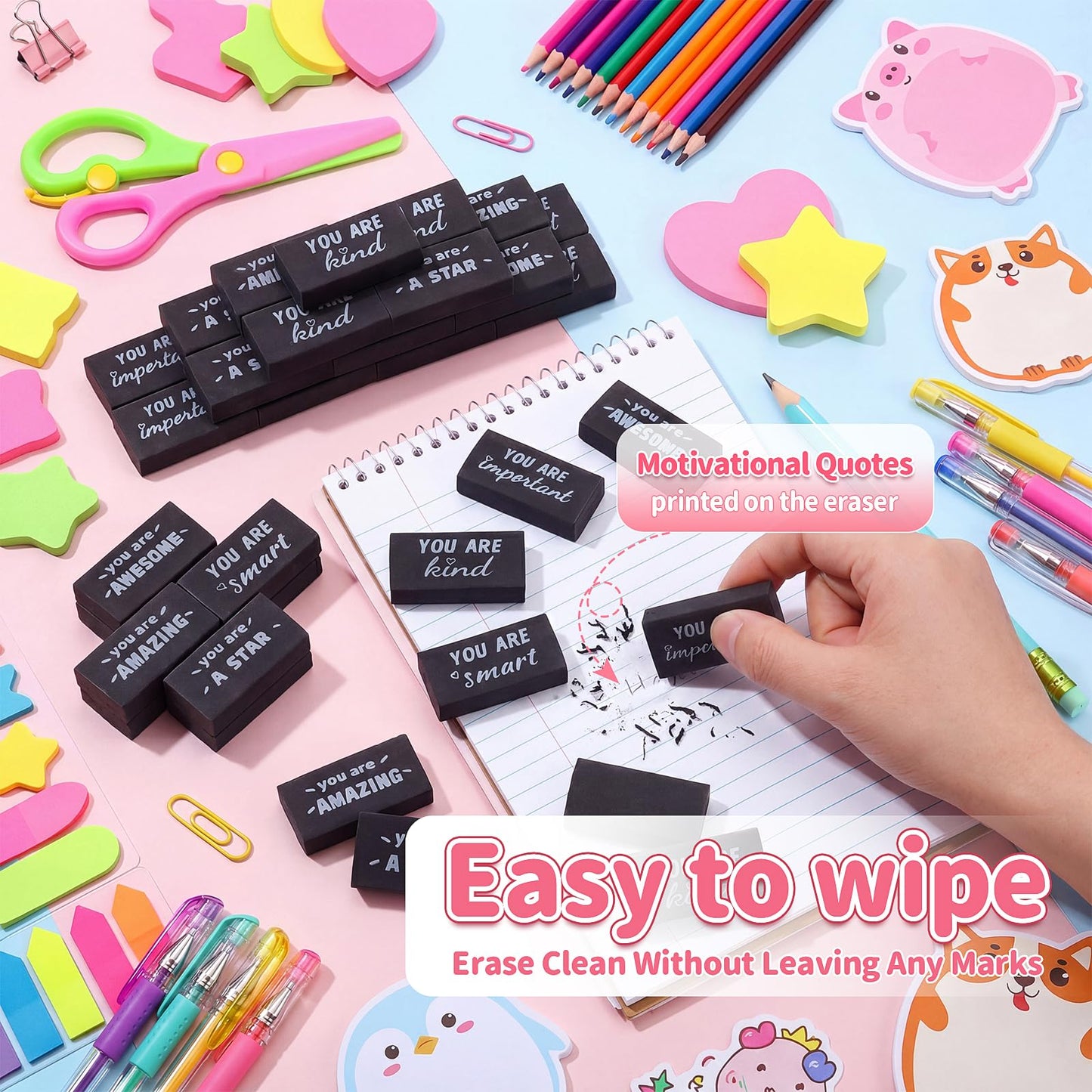 Resurhang 180 Pcs Erasers Bulk for Kids Inspirational Pencil Erasers Bulk for Drawing Motivational Big Eraser School Supplies for Classrooms Back to School Office (Motivational,Black)