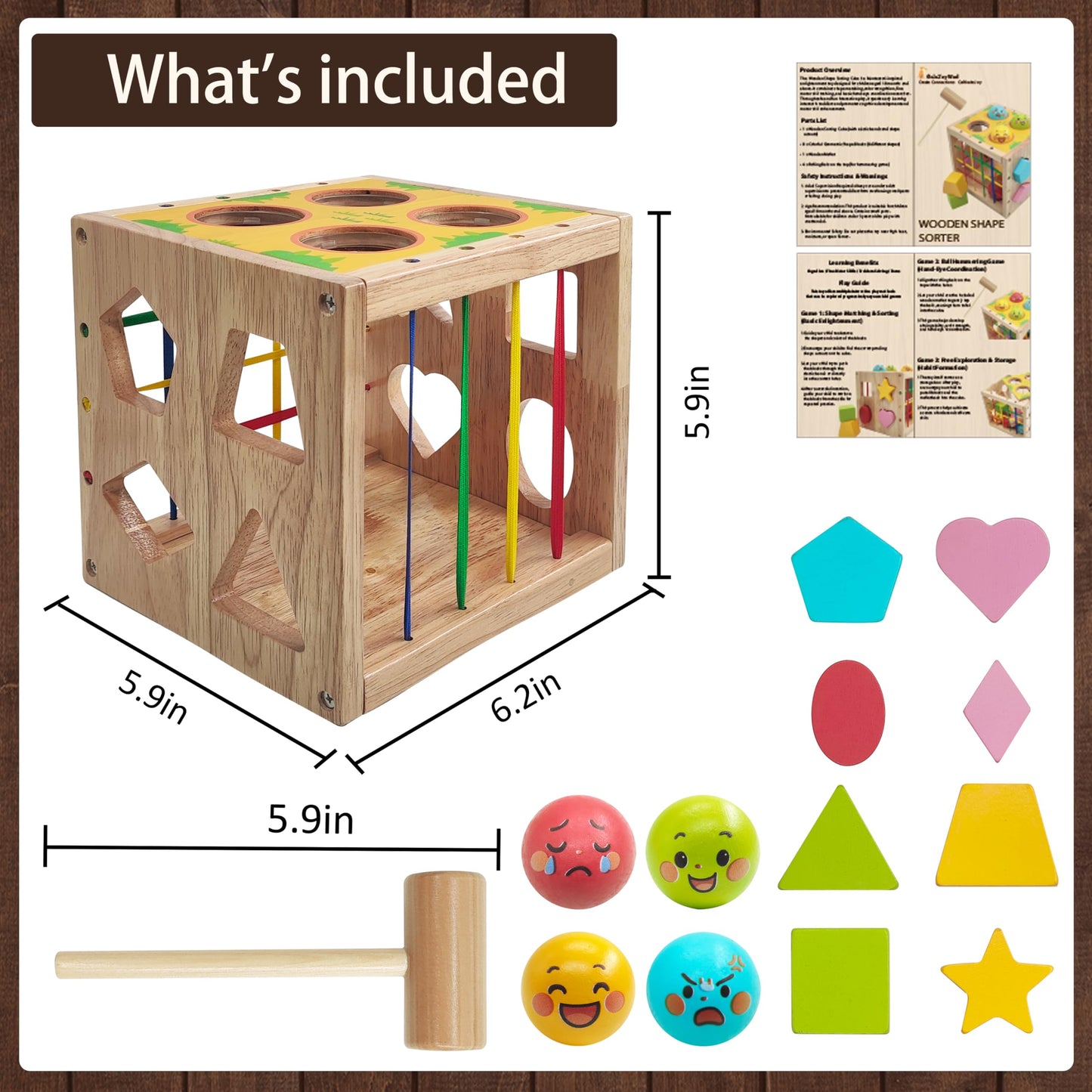 GalaJoyWud Wooden Activity Cube for Baby,Shape Sorters for Toddlers 1-3, Developmental Toy with Bead Maze, Hammer Pounding & Sensory Blocks, Gift for Boys and Girls