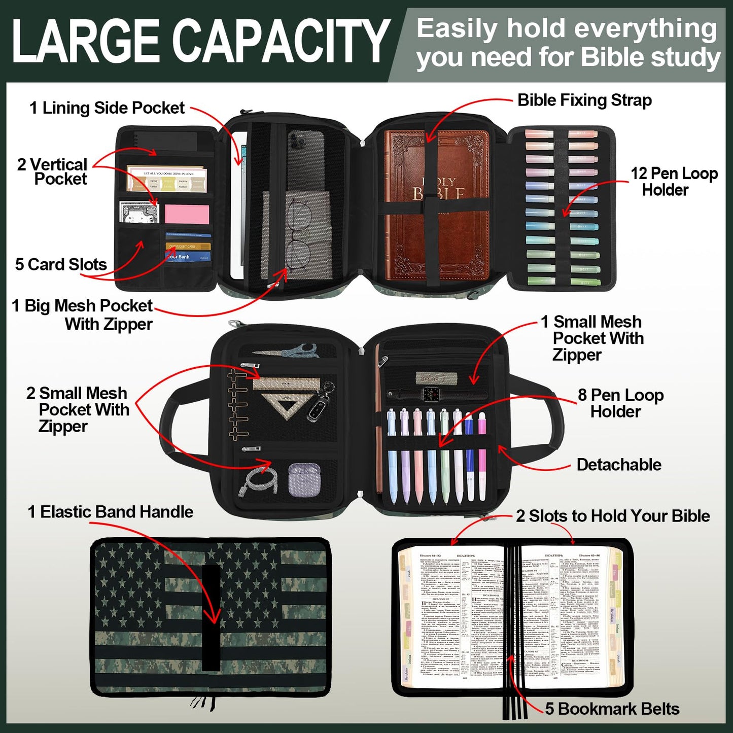 IBOVODI American Flag Caom Bible Cover Case for Men Boys, Large Kids Tactical Bible Carrying Book Case Church Bag, Bible Study Supplies Journaling Kit, Highlighters,Pens Cross Clips, Christian Gifts