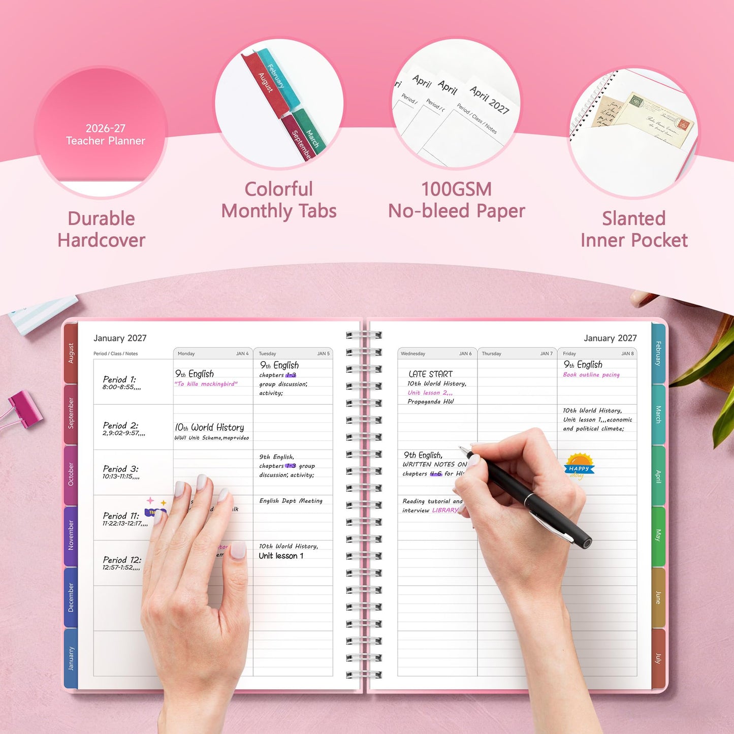 Teacher Lesson Planner 2026-2027 Academic Year, Aug 2026-Jul 2027, Deluxe 26-27 Lesson Plan Book for Teachers Supplies & Homeschool Planner with Pocket & Monthly Tabs, 8.5" x 11", Pink Ombre