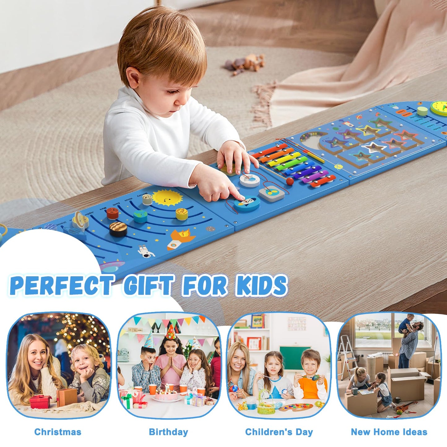 nigwet Rocket Activity Wall Busy Board Panels - Sensory Wall Panel for Kids, Montessori Toddler Wall Activity Board, Wall Toys for Toddlers 3, Activity Cube, Wooden Boards, Blue