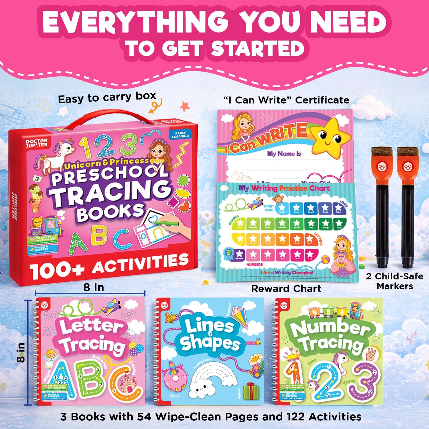 Doctor Jupiter Preschool Tracing Books for Toddlers, 3+ Year Old Kids |Learning Activity Books, Unicorn & Princess Educational Toys, 100+ Wipe Clean Preschool & Kindergarten Activities