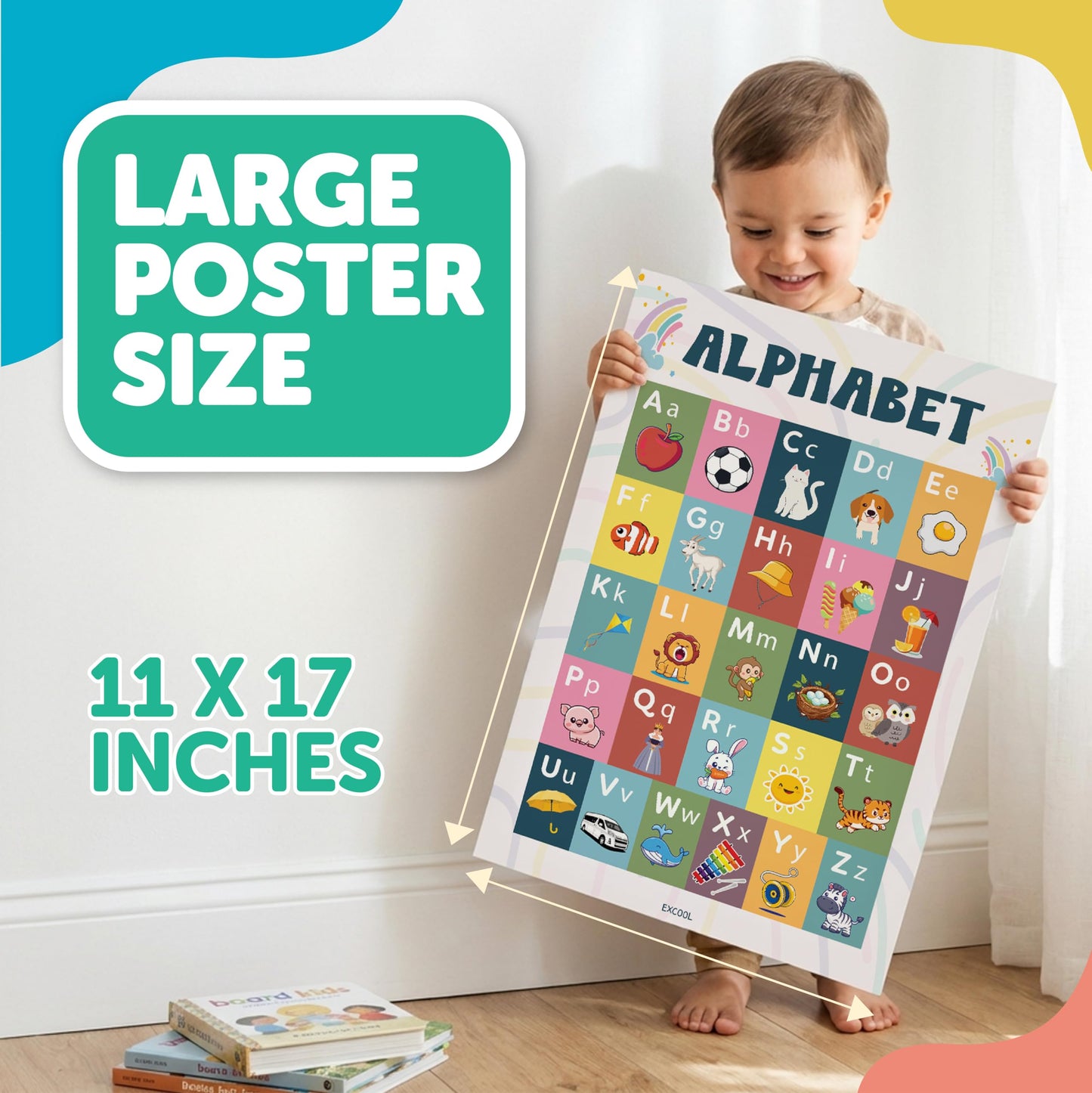 EXCOOL CLUB 16 Laminated Boho Educational Posters For Toddlers - Toddler Learning Posters For Kids, Homeschool Kindergarten Classroom Must Haves, Abc Number Chart Prek Classroom Decor