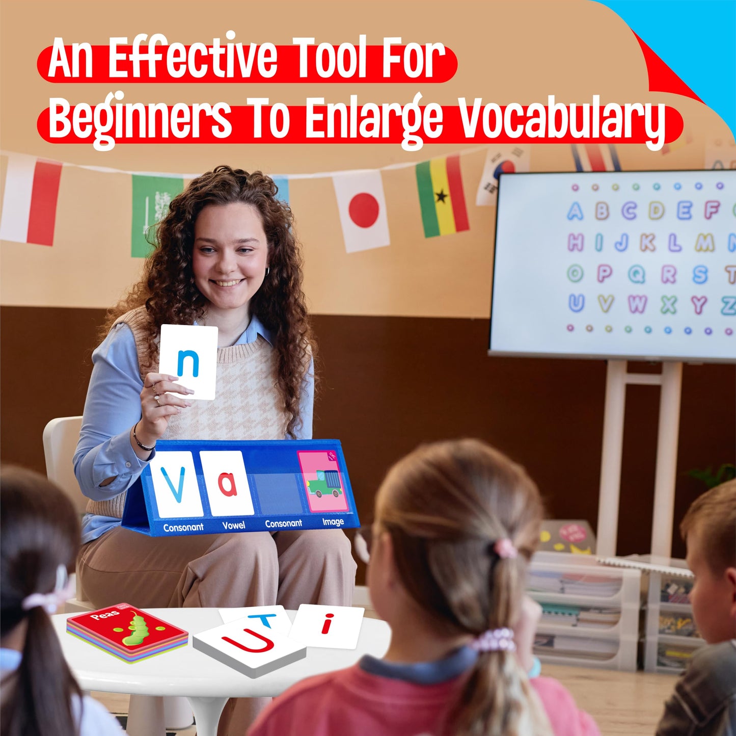 Word Building Desktop Pocket Chart, 48 CVC Words & 50 First Words, Double-Sided Tent Word Builder, Vocabulary Learning Flashcards Set for Kindergarten Reading and Spelling