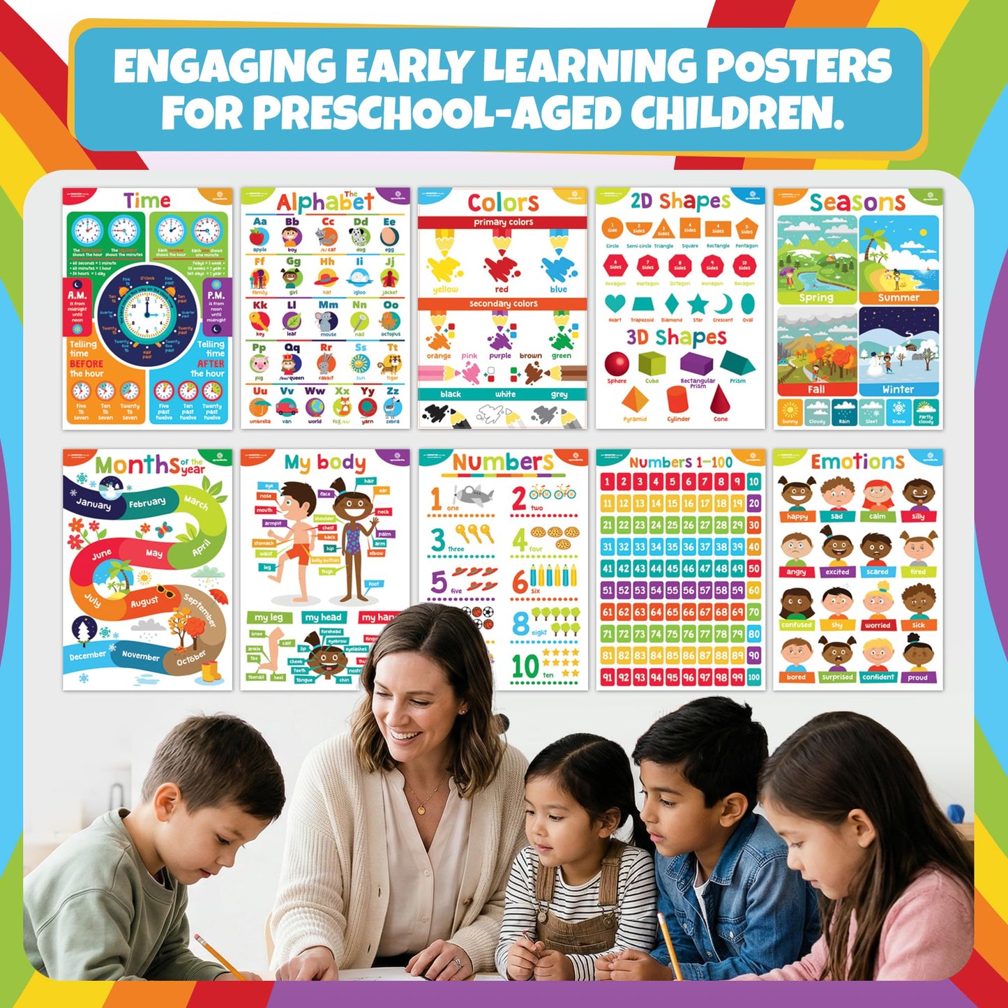 Sproutbrite 11 Pack 13.75"x19.75" Educational Posters for Toddlers Large Classroom Decorations for Preschool & Homeschool – Includes Alphabet, Numbers, Seasons, and Emotions – High-Visibility Learning Charts for Ages 3-5