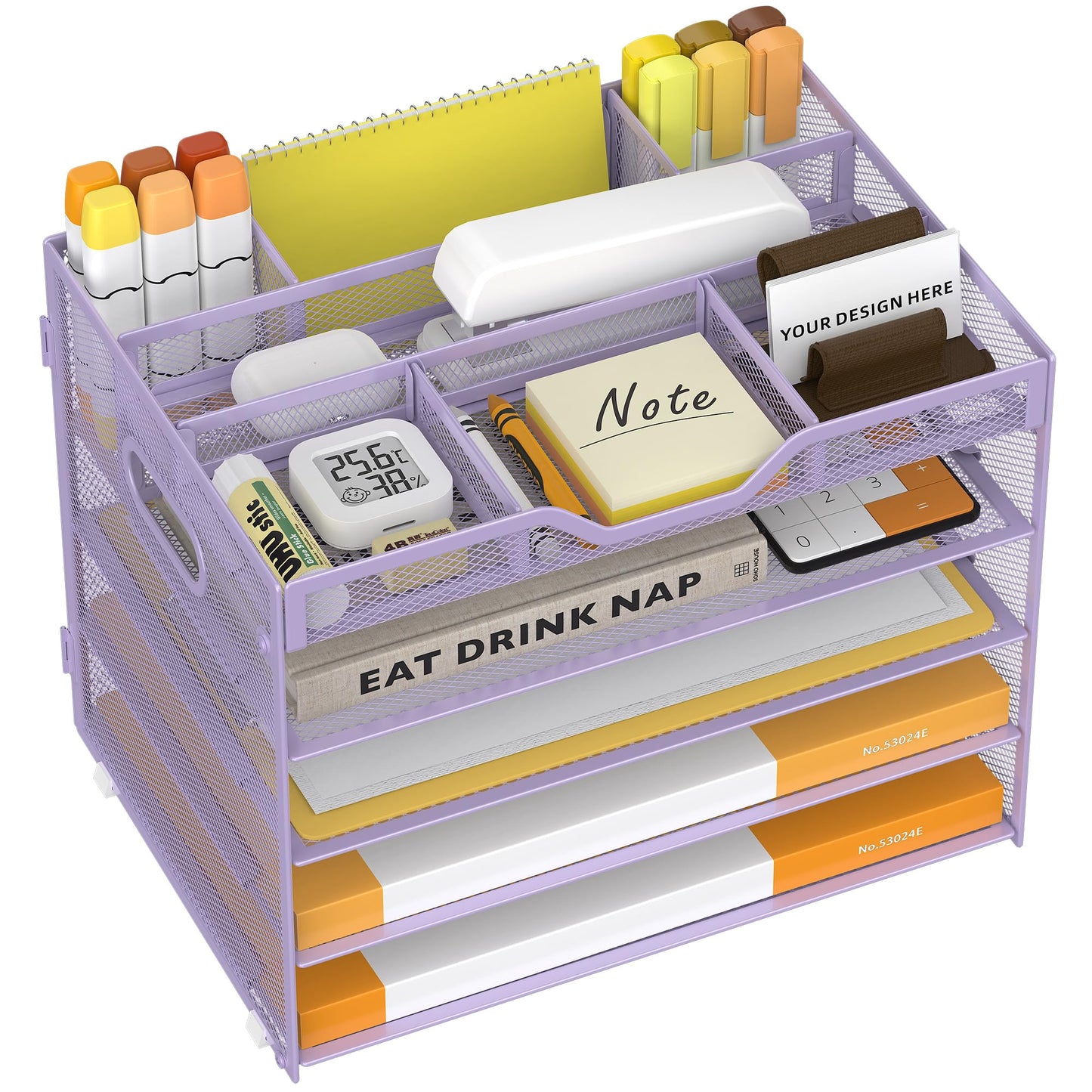 OrgMate 5 Tier Paper Letter Tray with 3 Drop-in Pen Holders, Mesh Desk File Organizer with Handle, Desk Organizers and Accessories for School,Home, Office Supplies Storage-Purple