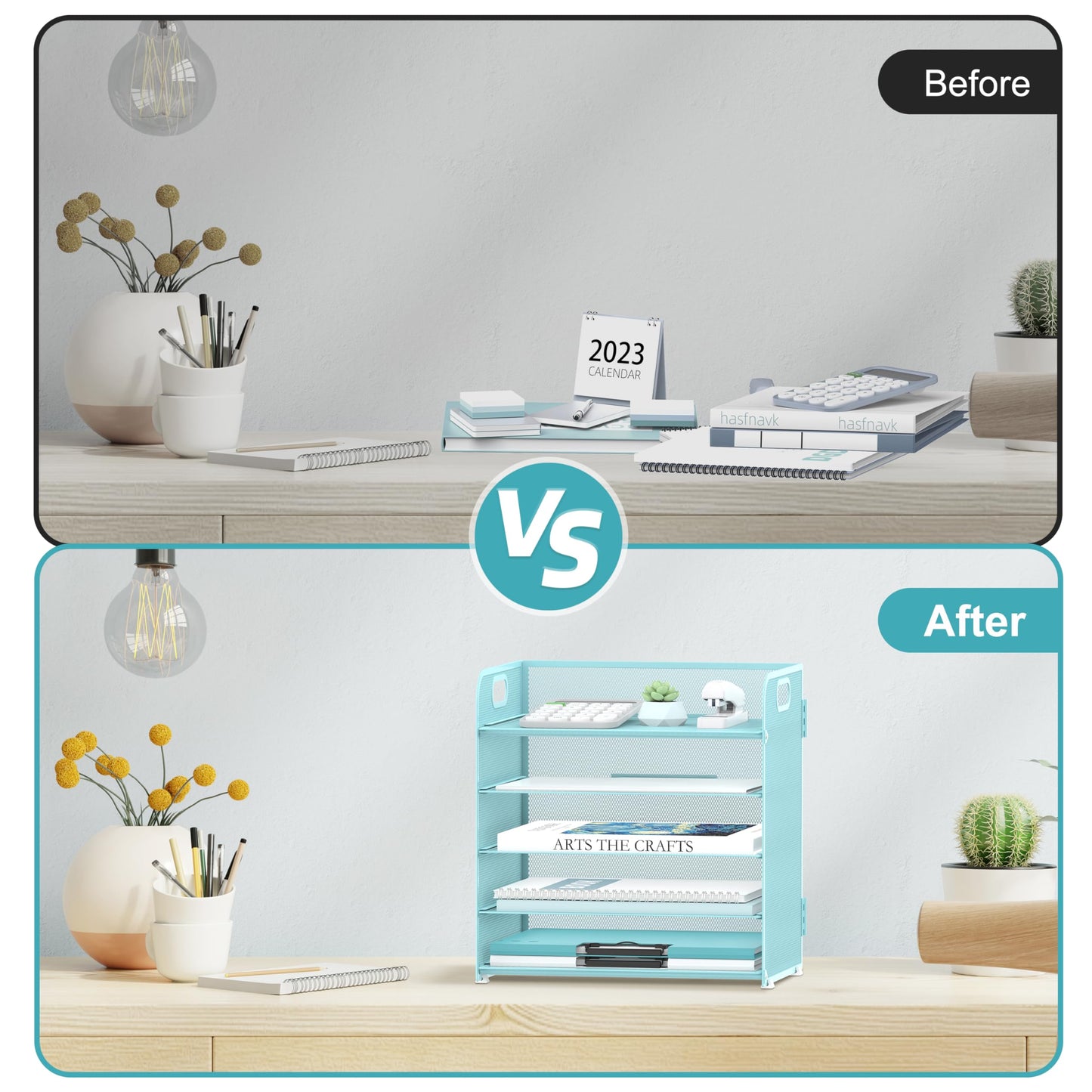 Supeasy 5 Trays Paper Organizer Letter Tray with Handle-Mesh Desk File Organizer, Paper Sorter Desk Organizer for Office, Home or School (Light Blue)
