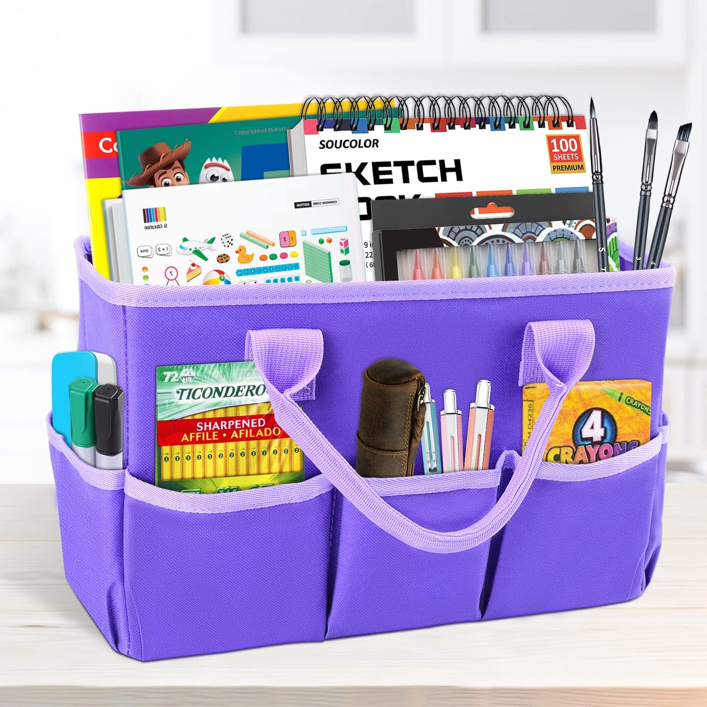 Godery Desktop Tote and Organizer, Teacher Helper caddy Bag for Arts, Books, Stationery, Office Desk Organization, Make-up Storage with Handles for Travel (Purple)