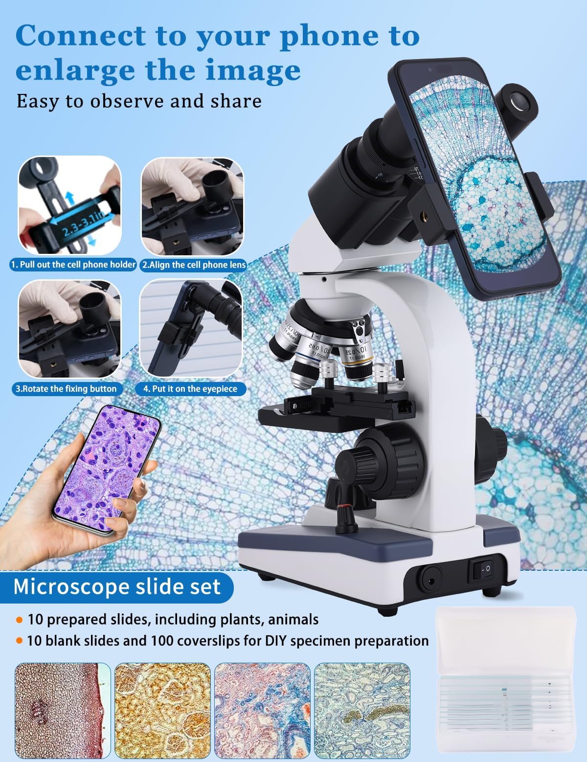 Microscope for Adults WF10x and WF25x eyepieces Compound Microscope with Microscope Slides, Microscope Kit for Kids Students Home School