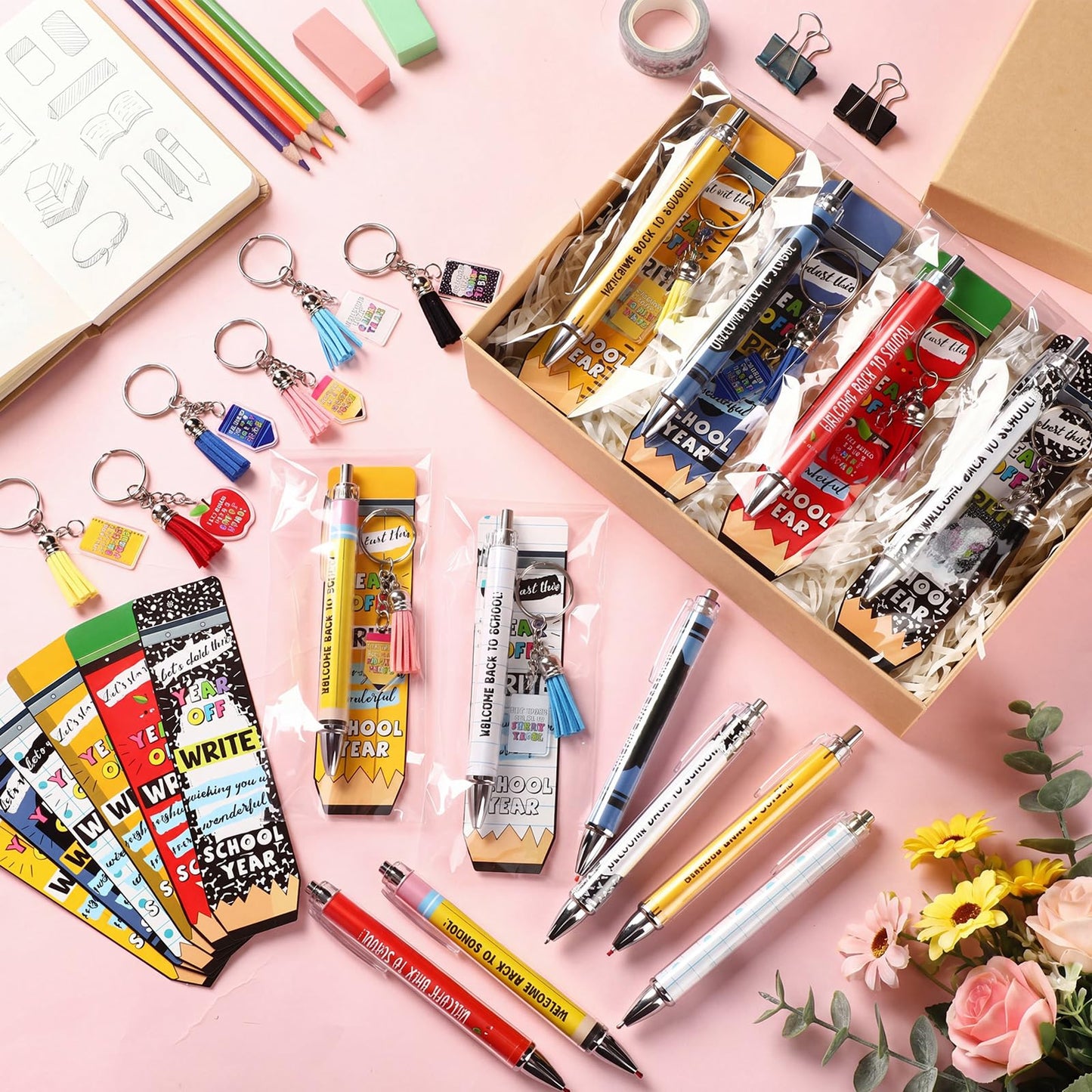 Tenceur 30 Set Bulk Back to School Gifts for Students Ballpoint Pens Keychains and Cards Set First Day of School Gifts Supplies for Teacher Classroom Rewards Party Favors