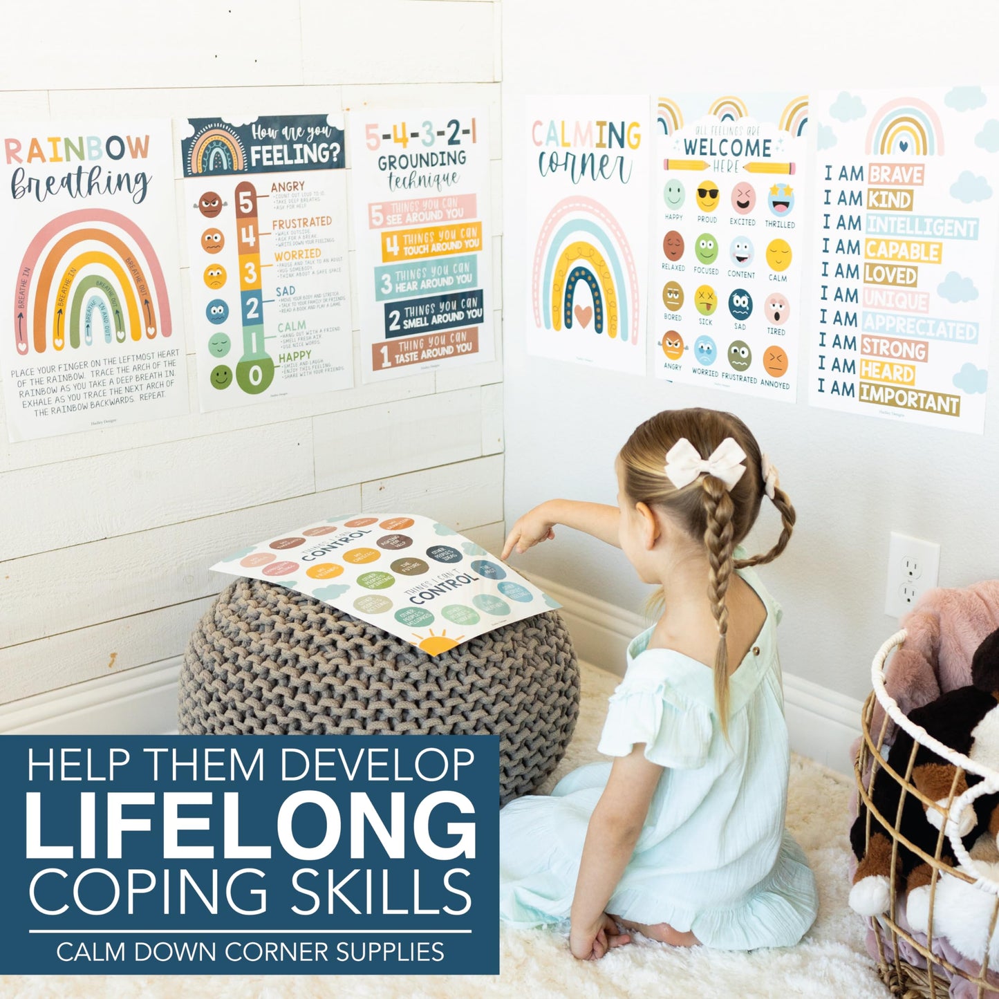 Hadley Designs 8 Calming Corner Posters for Classroom Must Haves - Calm Down Corner Supplies with Emotions Chart, School Counselor Mental Health Poster, Feelings Chart For Kids, Boho Classroom Decor