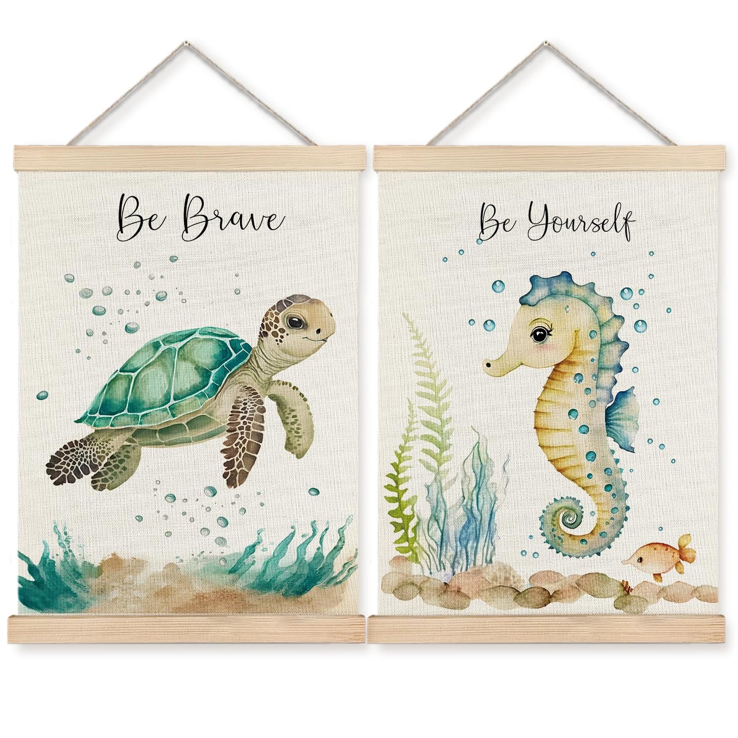 BearCake Ocean Nursery Decor, Sea Turtle Seahorse Under the Sea Wall Art Poster Hanger Frame, Inspirational Beach Nursery Canvas Prints Framed Wall Decor for Kids Room Playroom, 12x16 Inch Set of 2
