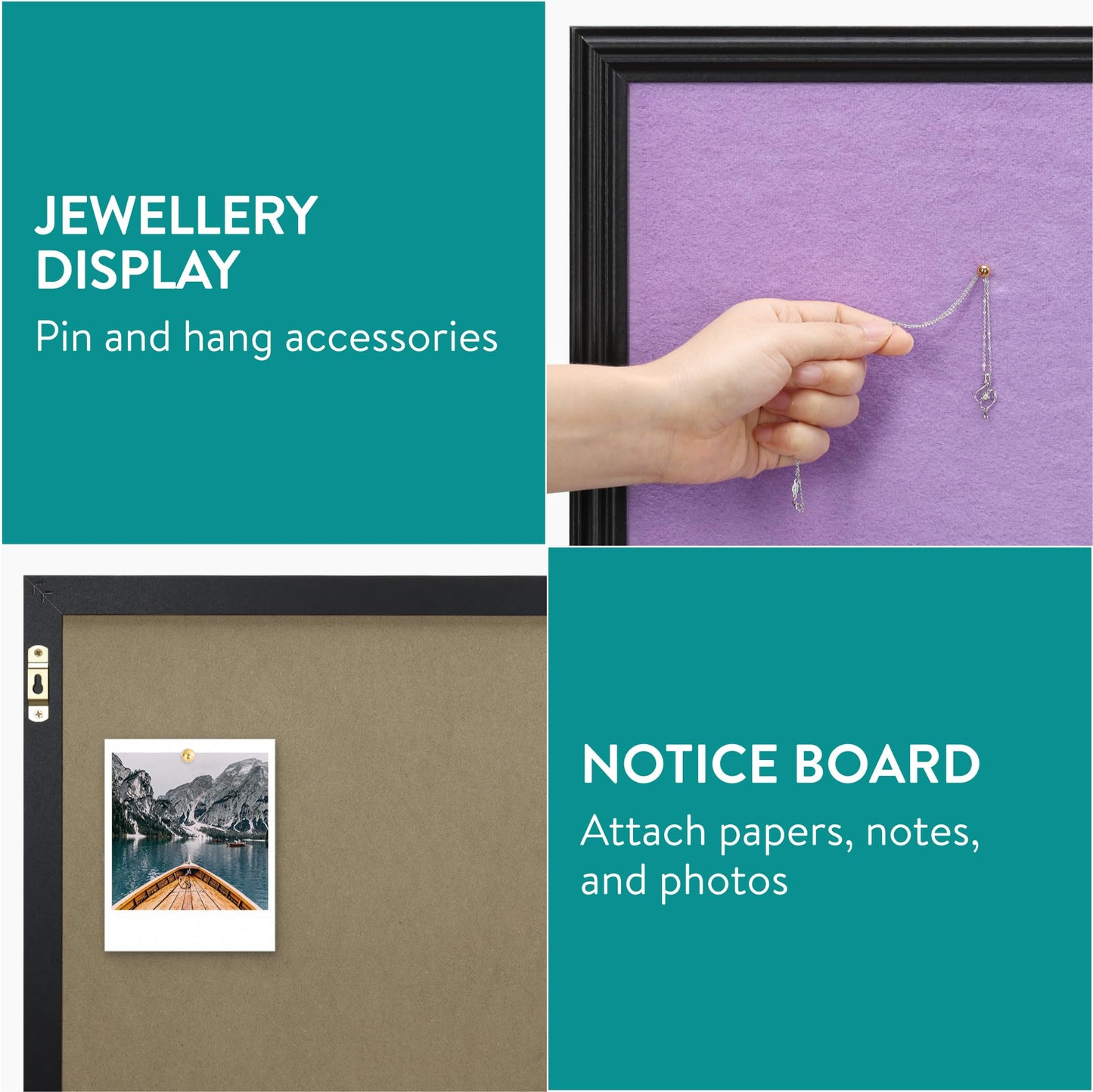Navaris Framed Fabric Bulletin Board - 18 x 24 inches Plush Jewelry Organizer Pinboard for Wall - Memory Memo Pin Board - Purple with Black Frame